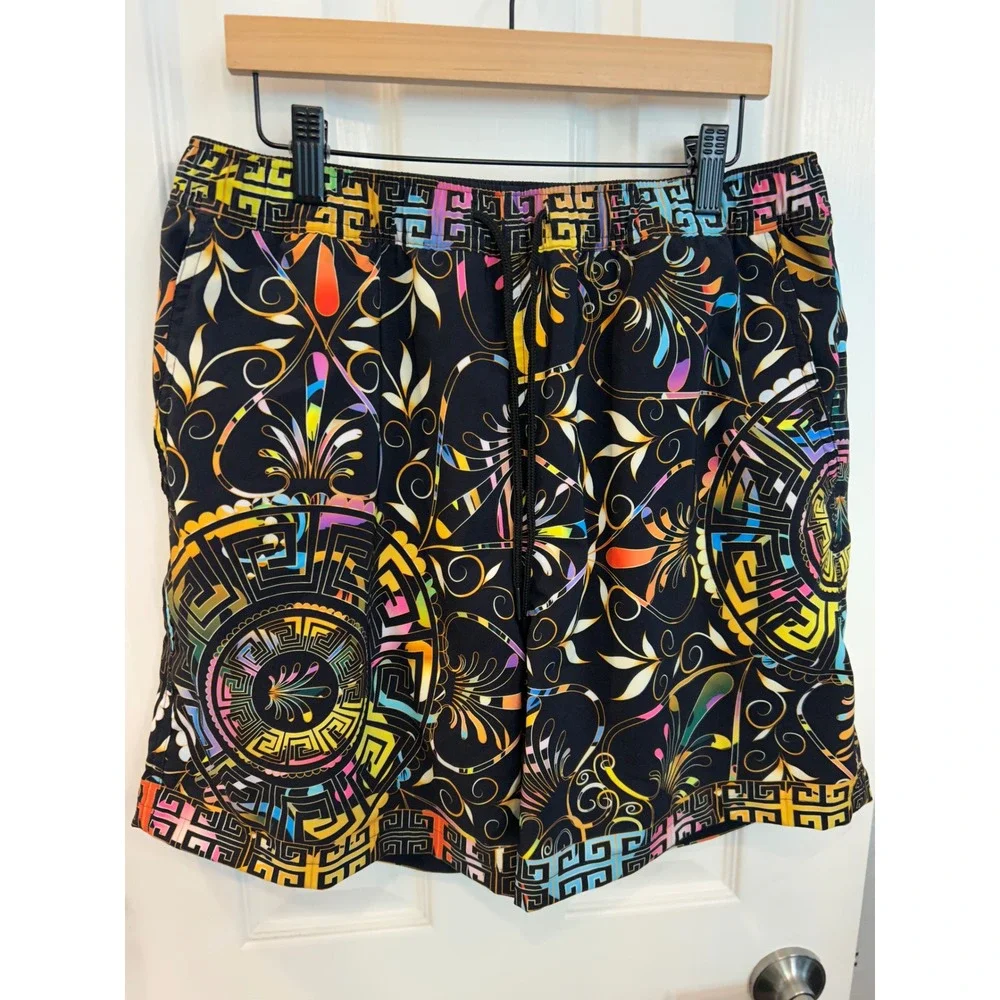 Johnny Was Swim Trunks Black Multi Color Geometric Floral Board Shorts Mens‎